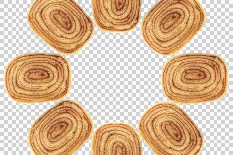 Several slices of bolo de rolo (roll cake) forming a circle top view (PNG). Stock Photos