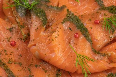 Several slices of salmon close-up Foto stock