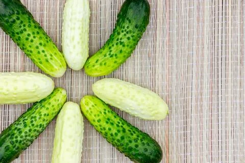 Several small star shaped cucumbers of different varieties on a wicker napkin Stock Photos