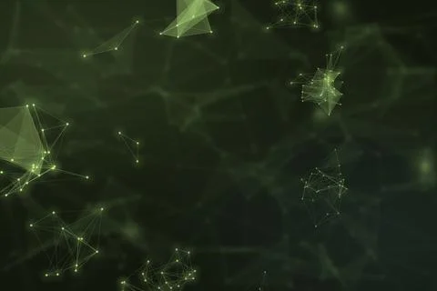 Several softly glowing clusters of green nodes and geometric facets drift t.. Stock Illustration