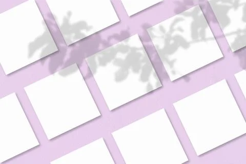 Several square sheets of white textured paper against a pink wall background. Stock-Illustration