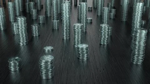 Several stacks of USDT Tether coins are standing on the black wooden surface Stock Illustration