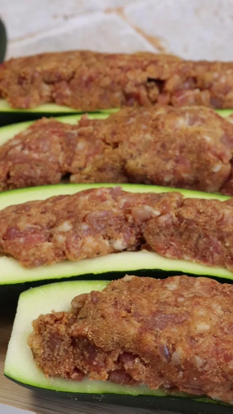 Several stuffed zucchini, close-up Video stock 296224876