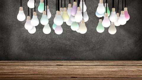 Several suspended light bulbs in front of a blackboard. 3D Rendering Stock Illustration