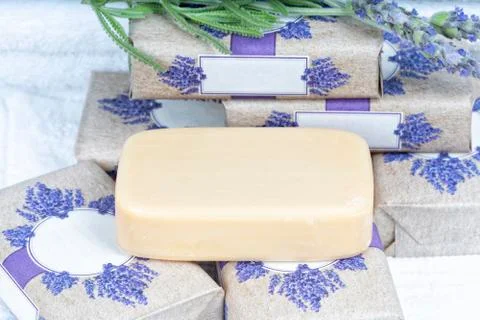 Several tablets of handmade eco-friendly Lavender soap Stock Photos