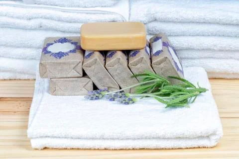 Several tablets of handmade eco-friendly Lavender soap Stock Photos