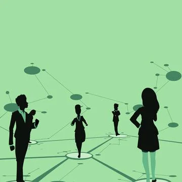 Several Team Members Standing Separate Thinking And Connected With Lines On Illustrazione stock