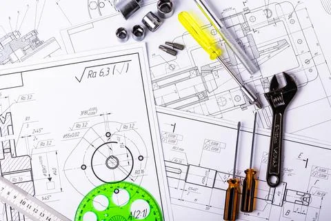 Several Technical engineering drawings, which show mechanical parts engineeri Stock Photos