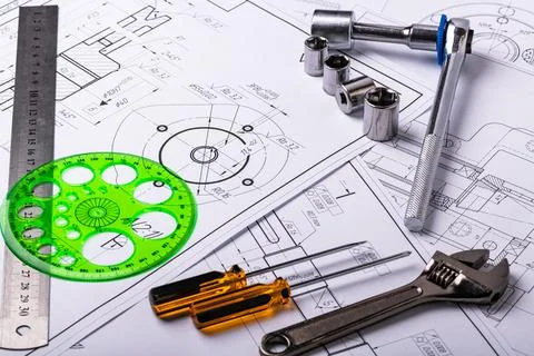 Several Technical engineering drawings, which show mechanical parts engineeri Stock Photos