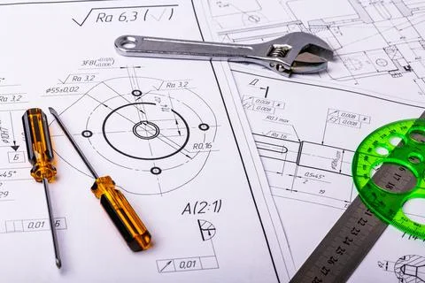 Several Technical engineering drawings, which show mechanical parts engineeri Foto stock