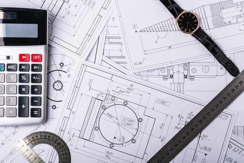 Several Technical engineering drawings, which show mechanical parts engineeri Foto stock