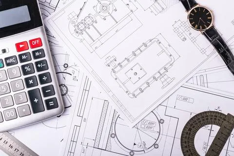 Several Technical engineering drawings, which show mechanical parts engineeri Stock Photos