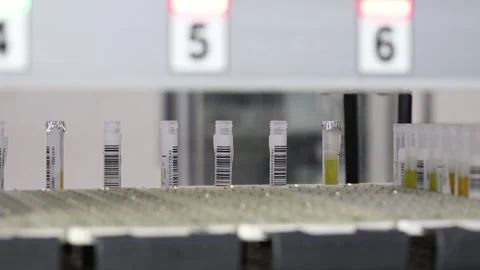 Several test tubes are moving on a conveyor belt at the donor center 스톡 동영상 304125358