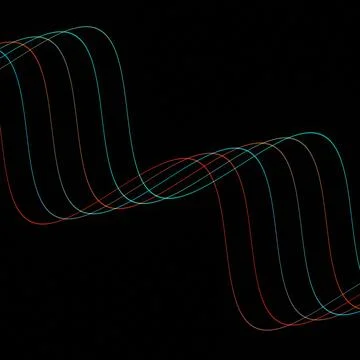 Several thin red, orange, cyan, and gray lines undulate across a black fiel.. イラスト素材