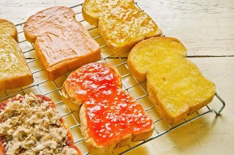 Several  toast with various topping 写真素材