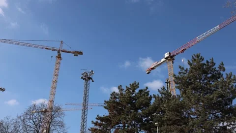 Several towering construction cranes stand against a bright blue sky, surrounded Stock Footage 303908213