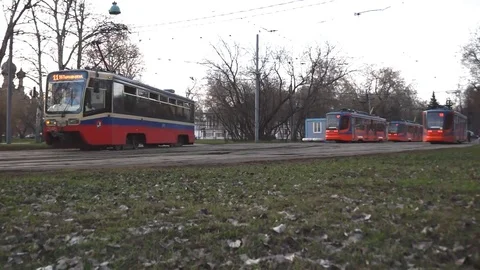 Several tram at the last stop during the day Stock Footage 69168200