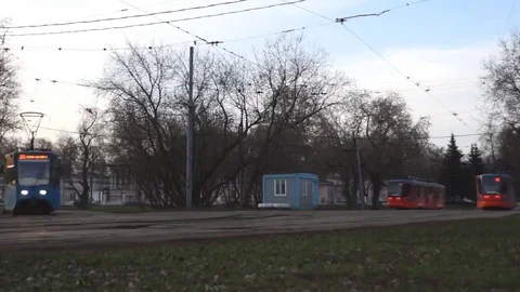 Several trams at last stop during the day Stock Footage 69172644