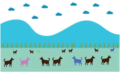 Several type of dog playing in the garden near mountain Stock Illustration
