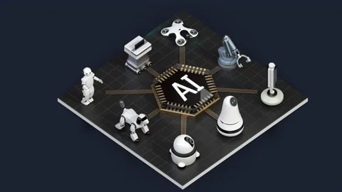 Several types of artificial intelligence robots are connected by AI chips. 4k. Stock Footage 170479654