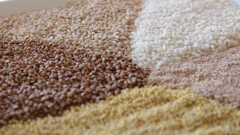 Several types of cereals on one plate. buckwheat, rice, millet, barley. close-up Stock Footage 114707128