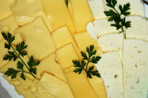 Several types of cheese cut into thin slices on a plate decorated with herbs Stock Photos