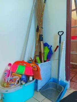 Several types of cleaning tools that are often used by the community Stock Photos