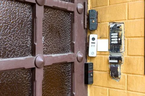 Several types of different intercoms and electronic locks on a chip or card. Stock Photos