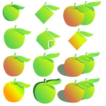 Several types of green red and yellow apples with a leaf on top Stock Illustration