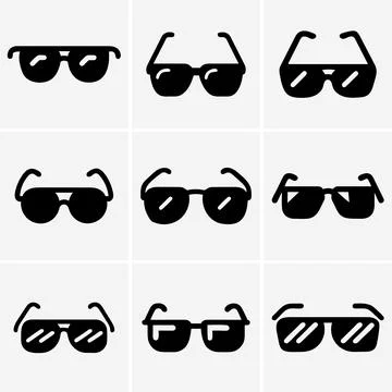 Several uniquely shaped sunglasses are presented in a stark black silhouette Stock Illustration