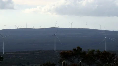 Several wind towers rotating on a cloudy day Stock Footage 231002635