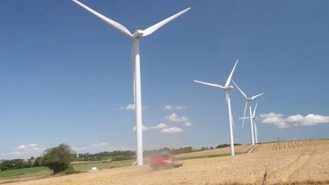Several wind turbines in the fields, in the region of Auvergne, France Stock Footage 239078961