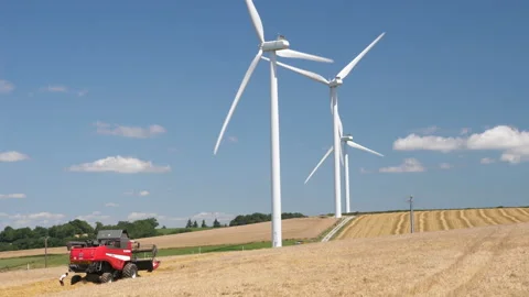 Several wind turbines in the fields, in the region of Auvergne, France Stock Footage 239078962