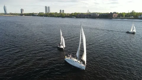 Several yachts on the river Stock Footage 159279906