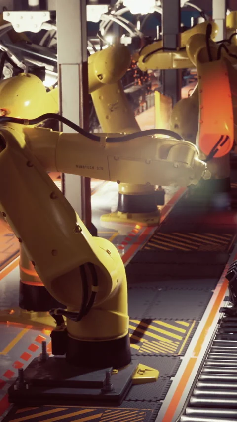 Several yellow robotic arms work together to assemble parts in a factory Stock Footage 339039619