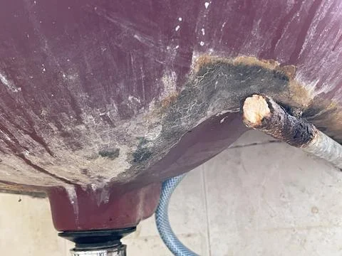 Severe Corrosion on Underside of Old Bathroom Sink and Waste Pipe Stock Photos
