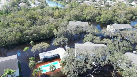 Severe Flooding from Milton Hurricane Devastates New Port Richey, Florida Stock Footage 288122859