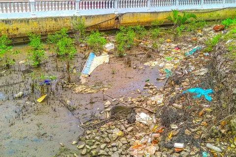 Severe pollution of plastic waste and solid waste in coastal areas Stock Photos