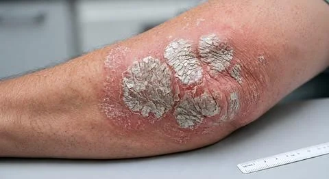 Severe psoriasis on human elbow Stock Photos