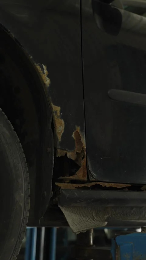 Severe rust and corrosion damage on a black car fender 스톡 동영상 340154201
