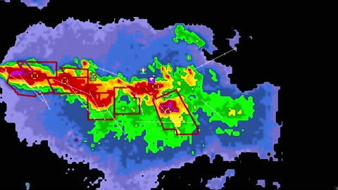 Severe storms with tornado warning and lightning on severe weather radar screen Stock Footage 157997553