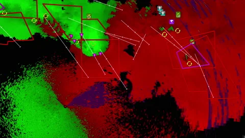 Severe storms with tornado warning and lightning on severe weather radar screen Stock Footage 157997924