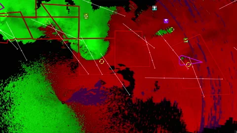 Severe storms with tornado warning and lightning on severe weather radar screen Stock Footage 157998183