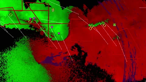 Severe storms with tornado warning and lightning on severe weather radar screen Stock Footage 157998311
