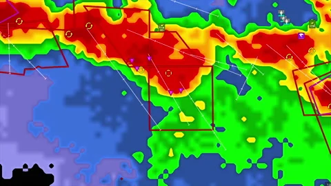 Severe storms with tornado warning and lightning on severe weather radar screen Stock Footage 157998381