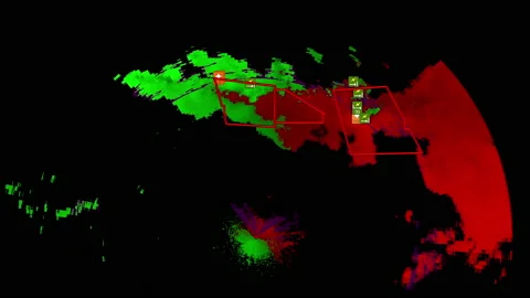 Severe storms with tornado warning and lightning on severe weather radar screen Stock Footage 157999386