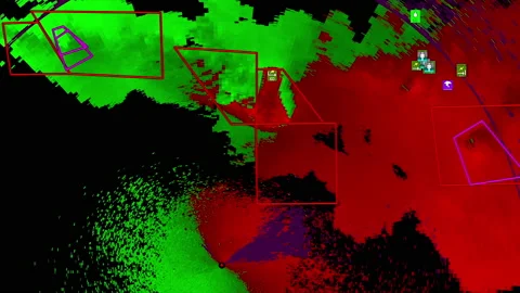 Severe storms with tornado warning and lightning on severe weather radar screen Stock Footage 157999998