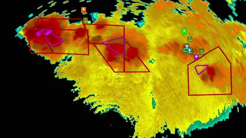 Severe storms with tornado warning and lightning on severe weather radar screen Stock Footage 158000430