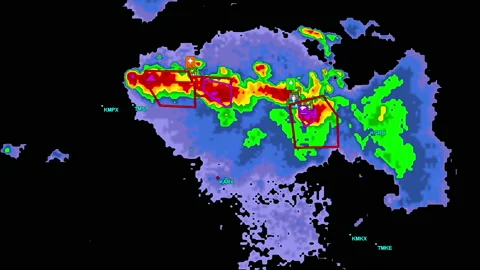 Severe storms with tornado warning and lightning on severe weather radar screen Stock Footage 158001487