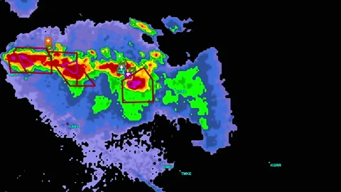 Severe storms with tornado warning and lightning on severe weather radar screen Stock Footage 158001791